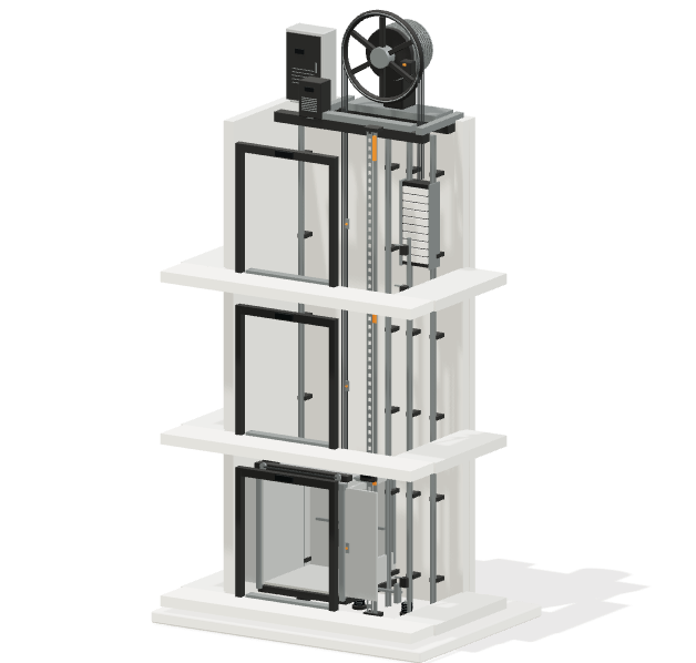 Architectural cutaway showing a lift car, counterweight and traction machine