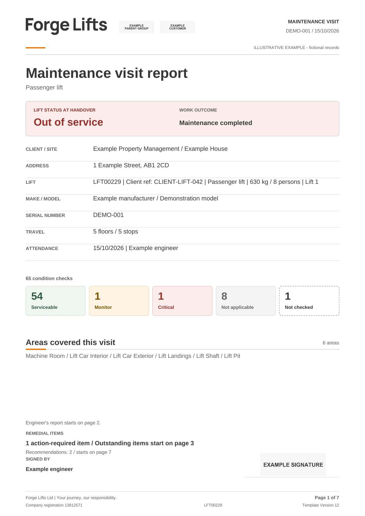 Illustrative maintenance report cover with handover status and visit summary