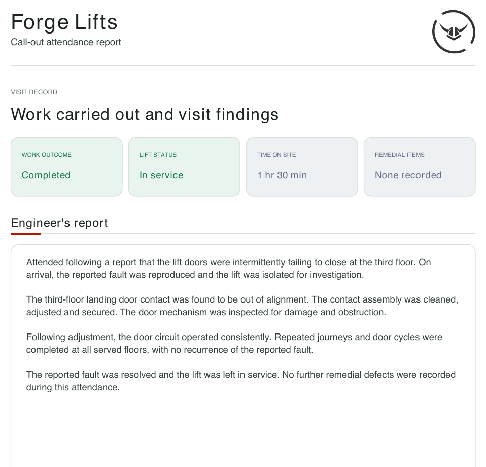 Illustrative call-out report excerpt showing work carried out and lift status at handover
