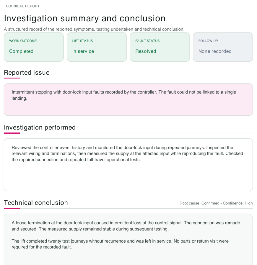 Illustrative technical investigation excerpt showing reported symptoms, investigation and technical conclusion