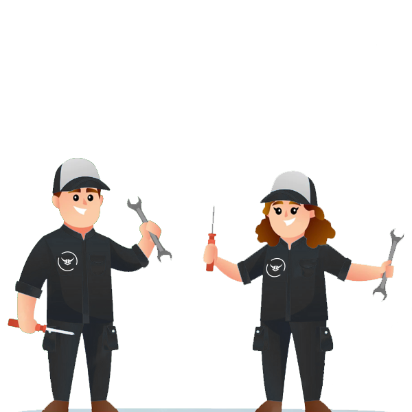 An illustration of a man and a woman wearing Forge Lifts uniform and holding mechanics tools.