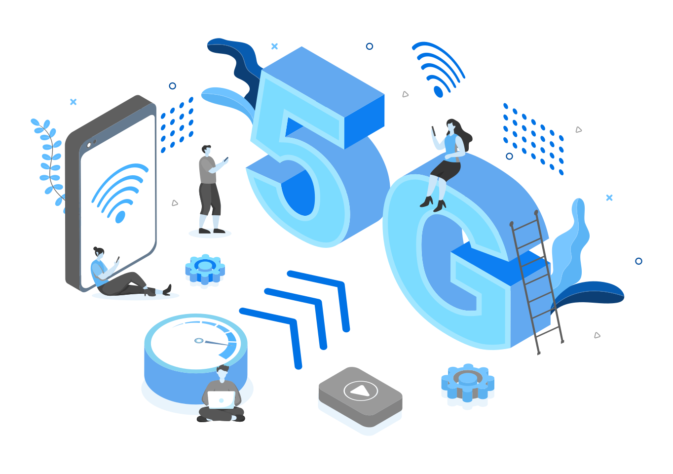 5G icon with telecommunication devoices in the foreground.
