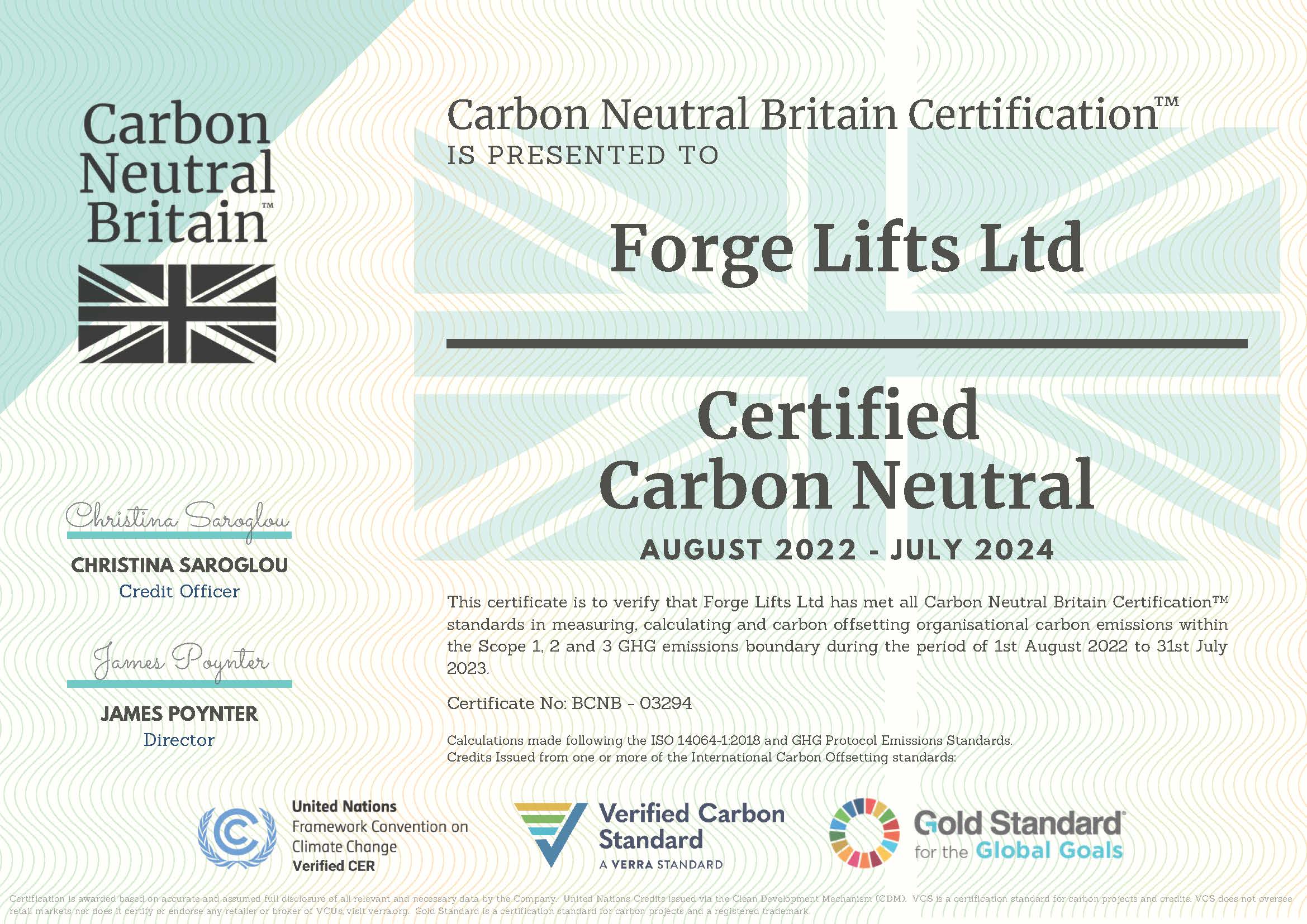 Carbon Neutral Certification - Forge Lifts Ltd
